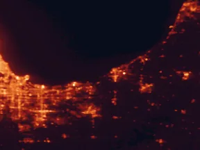 Satellite night-light map of the 50 km around Beverly Shores, with Gary, Michigan City and Hammond marked