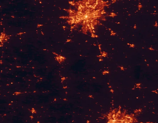Satellite night-light map of the 100 km around Brown County State Park, with Indianapolis, Bloomington and Columbus marked