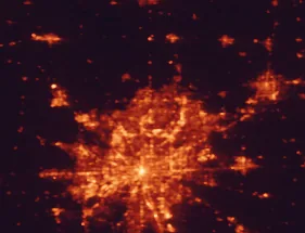 Satellite night-light map of the 50 km around Carmel, with Indianapolis, Fishers and Noblesville marked