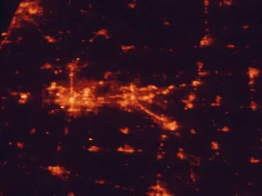 Satellite night-light map of the 50 km around Elkhart, with South Bend, Mishawaka and Granger marked