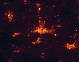 Satellite night-light map of the 50 km around Evansville, with Henderson, Owensboro and Highland marked