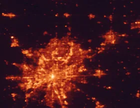 Satellite night-light map of the 50 km around Fishers, with Indianapolis, Carmel and Noblesville marked