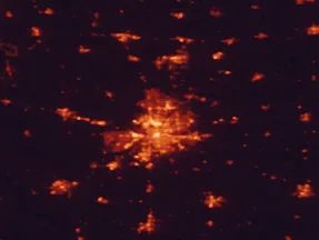 Satellite night-light map of the 50 km around Fort Wayne, with New Haven, Auburn and Huntington marked