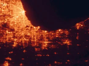Satellite night-light map of the 50 km around Gary, with Chicago, Hammond and Merrillville marked