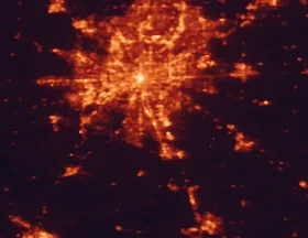 Satellite night-light map of the 50 km around Greenwood, with Indianapolis, Carmel and Fishers marked