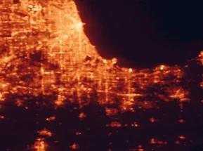 Satellite night-light map of the 50 km around Hammond, with Chicago, Gary and Calumet City marked