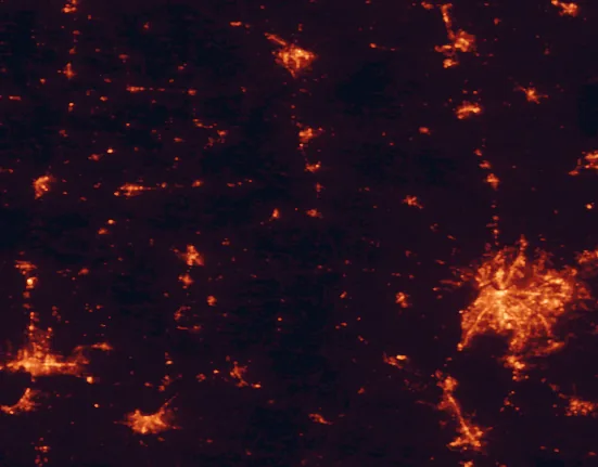 Satellite night-light map of the 100 km around Hoosier National Forest, with Louisville, Evansville and Bloomington marked