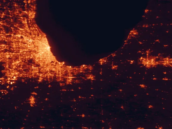 Satellite night-light map of the 100 km around Indiana Dunes National Park, with Chicago, Gary and Hammond marked
