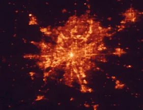 Satellite night-light map of the 50 km around Indianapolis, with Carmel, Fishers and Lawrence marked