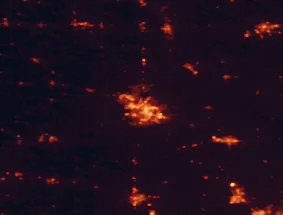 Satellite night-light map of the 50 km around Lafayette, with Frankfort, Crawfordsville and Logansport marked