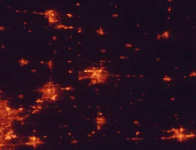 Satellite night-light map of the 50 km around Muncie, with Anderson, Yorktown and Richmond marked