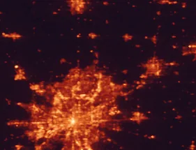 Satellite night-light map of the 50 km around Noblesville, with Indianapolis, Carmel and Fishers marked