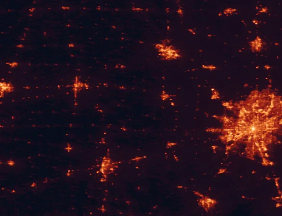 Satellite night-light map of the 100 km around Shades State Park, with Indianapolis, Lafayette and Carmel marked