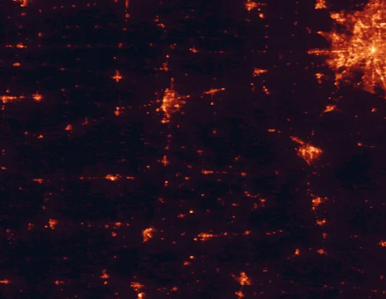 Satellite night-light map of the 100 km around Shakamak State Park, with Indianapolis, Terre Haute and Bloomington marked