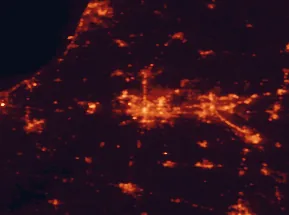 Satellite night-light map of the 50 km around South Bend, with Mishawaka, Elkhart and Granger marked