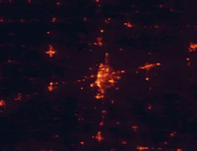 Satellite night-light map of the 50 km around Terre Haute, with North Terre Haute, Brazil and Paris marked