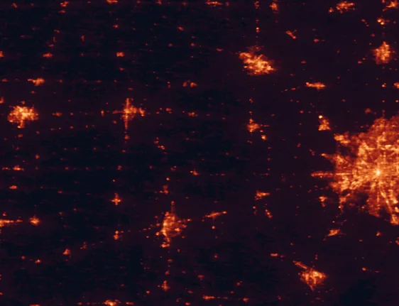 Satellite night-light map of the 100 km around Turkey Run State Park, with Indianapolis, Terre Haute and Lafayette marked