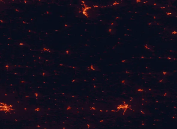 Satellite night-light map of the 100 km around Effigy Mounds National Monument, with Dubuque, La Crosse and Waterloo marked
