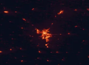 Satellite night-light map of the 50 km around Sioux City, with Sergeant Bluff, Le Mars and Vermillion marked