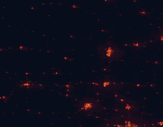 Satellite night-light map of the 100 km around Kanopolis State Park, with Salina, Hutchinson and McPherson marked