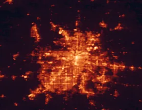 Satellite night-light map of the 50 km around Kansas City, with Kansas City, Overland Park and Independence marked