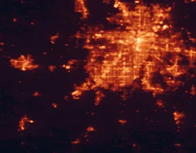Satellite night-light map of the 50 km around Olathe, with Kansas City, Overland Park and Kansas City marked