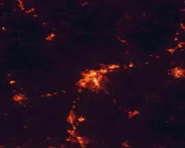 Satellite night-light map of the 50 km around Bowling Green, with Glasgow, Portland and Franklin marked