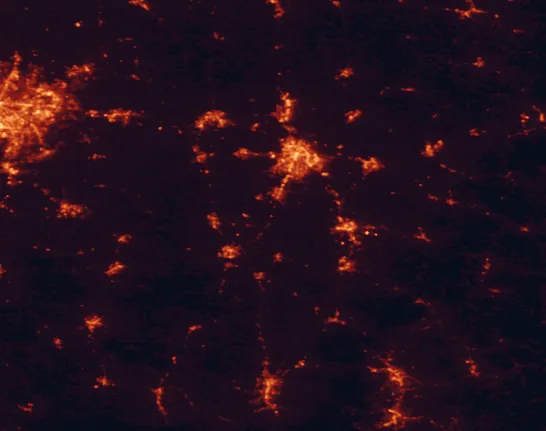 Satellite night-light map of the 100 km around Camp Nelson National Monument, with Lexington, Lexington-Fayette and Nicholasville marked