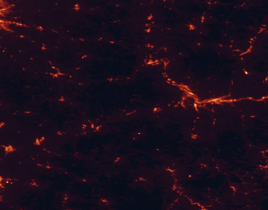 Satellite night-light map of the 100 km around Carter Caves State Resort Park, with Meads, Huntington and Portsmouth marked