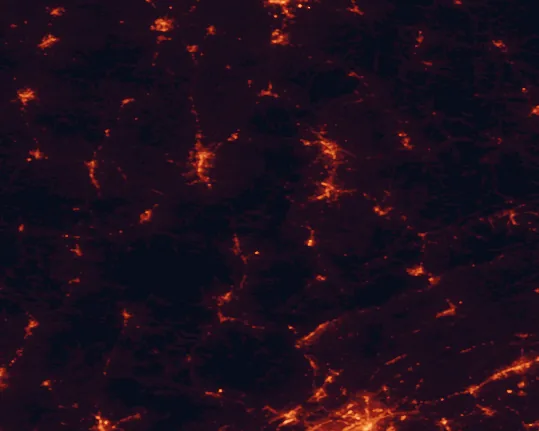 Satellite night-light map of the 100 km around Cumberland Falls State Resort Park, with Oak Ridge, Morristown and Somerset marked