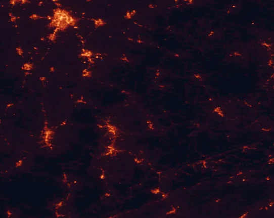 Satellite night-light map of the 100 km around Daniel Boone National Forest, with Lexington, Lexington-Fayette and Richmond marked