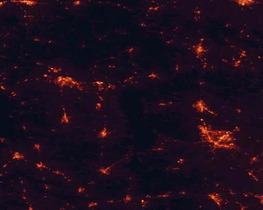 Satellite night-light map of the 100 km around Land Between the Lakes National Recreation Area, with Clarksville, Hopkinsville and Murray marked