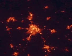 Satellite night-light map of the 50 km around Lexington-Fayette, with Lexington, Georgetown and Nicholasville marked