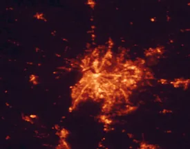 Satellite night-light map of the 50 km around Louisville, with New Albany, Clarksville and Jeffersontown marked
