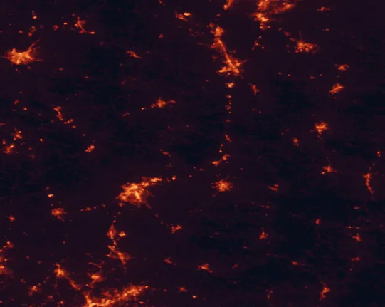 Satellite night-light map of the 100 km around Mammoth Cave National Park, with Bowling Green, Owensboro and Elizabethtown marked