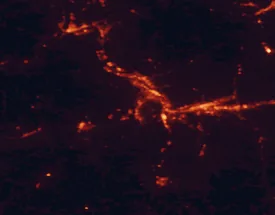 Satellite night-light map of the 50 km around Meads, with Huntington, Ashland and Ironton marked