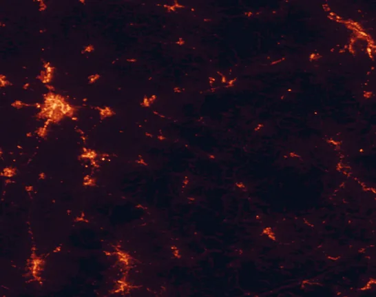 Satellite night-light map of the 100 km around Natural Bridge State Resort Park, with Lexington, Lexington-Fayette and Meads marked