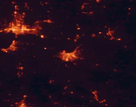 Satellite night-light map of the 50 km around Owensboro, with Evansville, Henderson and Knottsville marked