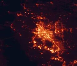 Satellite night-light map of the 50 km around Baton Rouge, with Central, Prairieville and Shenandoah marked