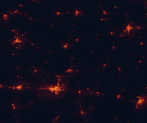 Satellite night-light map of the 100 km around Chemin-A-Haut State Park, with Monroe, Bastrop and Greenville marked