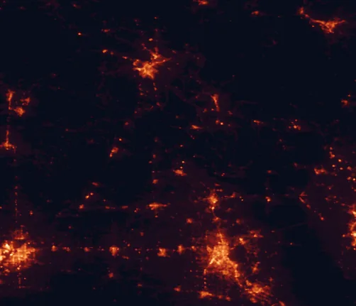 Satellite night-light map of the 100 km around Chicot State Park, with Lafayette, Alexandria and Lake Charles marked