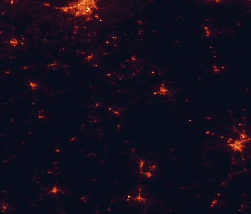 Satellite night-light map of the 100 km around Fort Jesup, with Alexandria, Natchitoches and Pineville marked