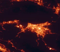 Satellite night-light map of the 50 km around Kenner, with New Orleans, Metairie and Marrero marked