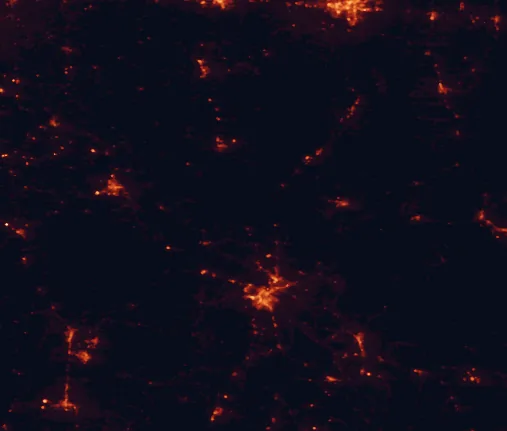 Satellite night-light map of the 100 km around Kisatchie National Forest, with Alexandria, Pineville and Natchitoches marked