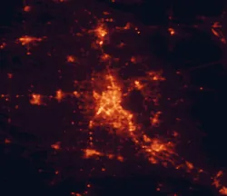 Satellite night-light map of the 50 km around Lafayette, with New Iberia, Broussard and Scott marked