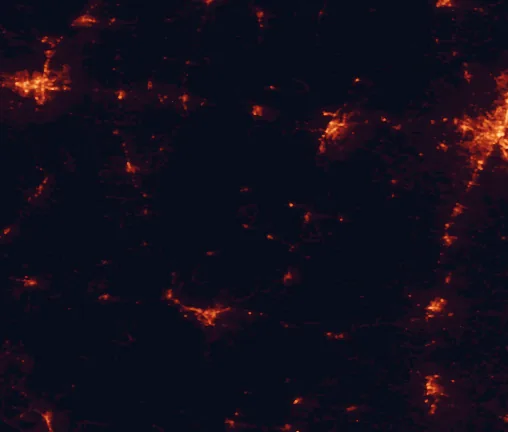 Satellite night-light map of the 100 km around Lake Bruin State Park, with Monroe, Vicksburg and Clinton marked
