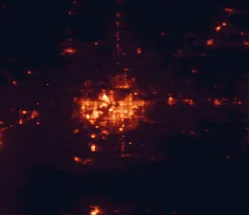 Satellite night-light map of the 50 km around Lake Charles, with Sulphur, Moss Bluff and Prien marked