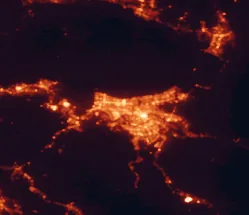 Satellite night-light map of the 50 km around Metairie, with New Orleans, Kenner and Marrero marked