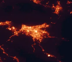 Satellite night-light map of the 50 km around New Orleans, with Metairie, Kenner and Marrero marked