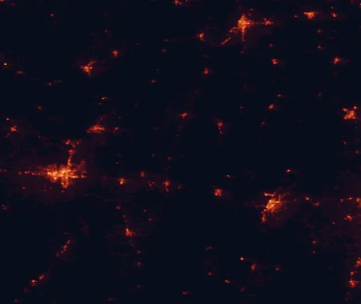 Satellite night-light map of the 100 km around Poverty Point, with Monroe, Vicksburg and Greenville marked